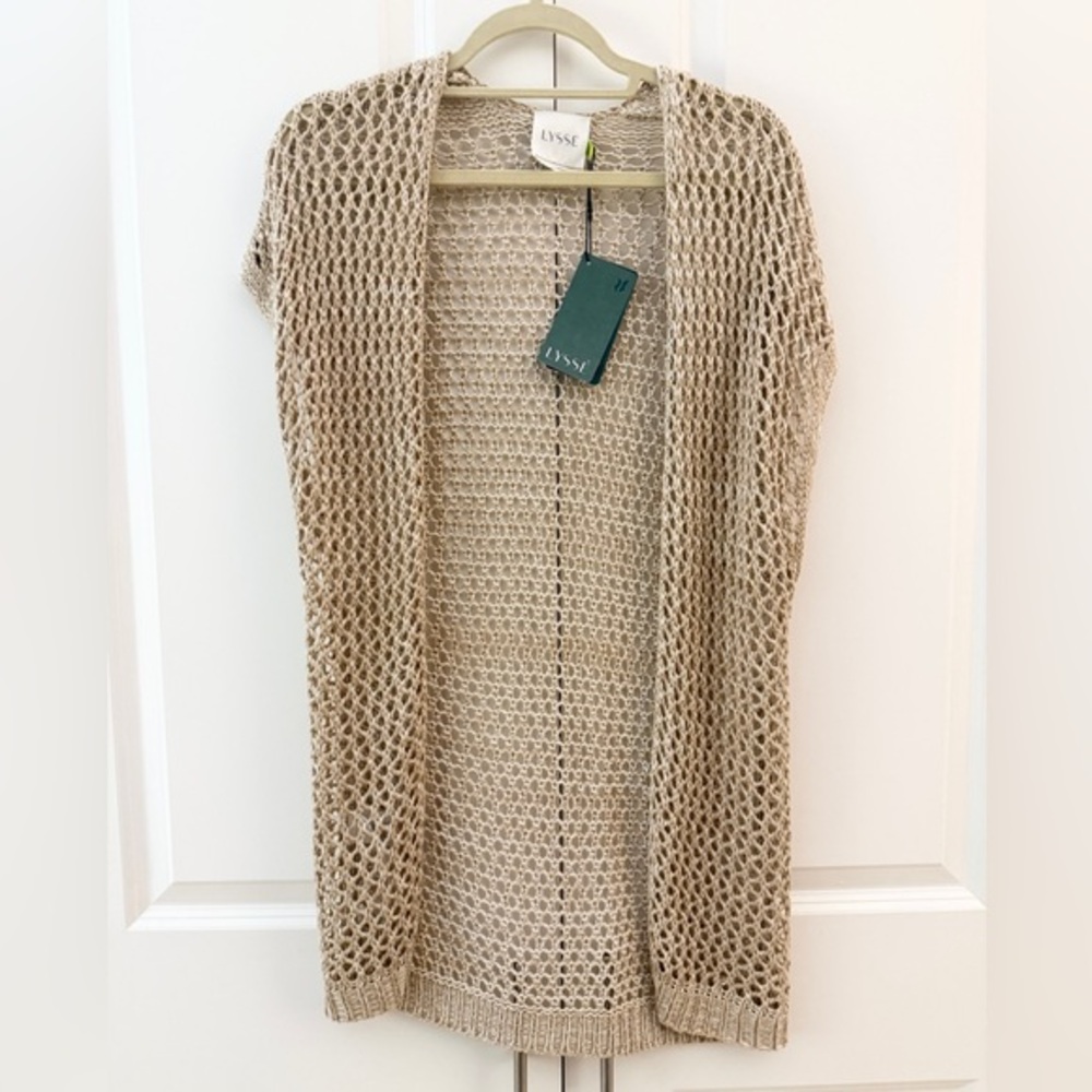 NWT Lysse Women's Open-Knit Crochet Cardigan in Oatmeal Tan Beige Cream Small
